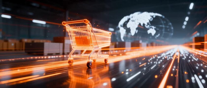 Glowing Shopping Cart in Futuristic Warehouse Setting with Global Map and Light Trails Representing E-commerce Logistics and International Supply Chain