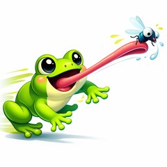 Obraz premium A playful 3D illustration of a frog snapping an insect with its extended tongue. With exaggerated motion, layered depth, smooth gradients, expressive eyes, bold outlines, vibrant green tones
