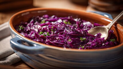 Braised red cabbage served family-style in ceramic serving dish, warm indoor lighting, home-cooked realism