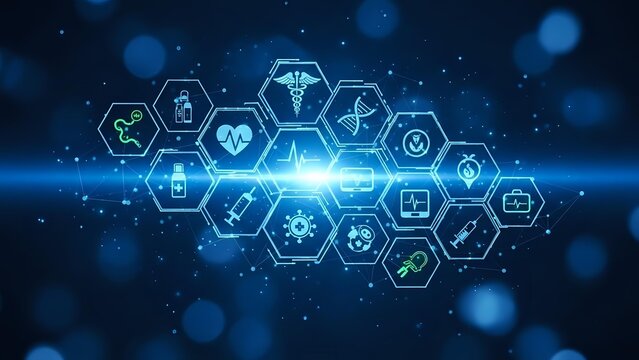 Digital healthcare technology network with glowing hexagonal medical icons on blue bokeh background for modern medicine and telemedicine applications.