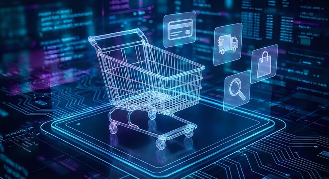 Digital shopping cart with glowing icons on futuristic holographic interface for e-commerce technology and online retail business concepts.
