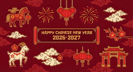 Happy Chinese New Year 2026-2027 celebration elements with traditional red lanterns, golden dragons, fireworks and decorative ornaments on burgundy background.