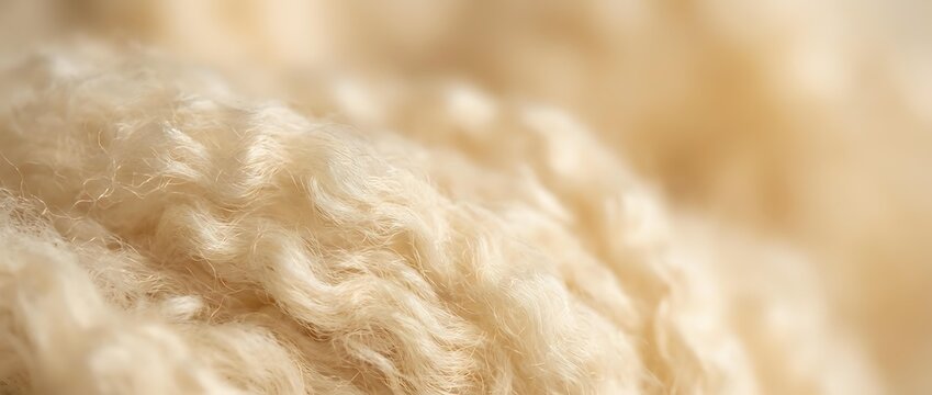 Natural beige wool yarn texture with soft fibers creating warm cozy knitting material for handmade crafts and textile projects.