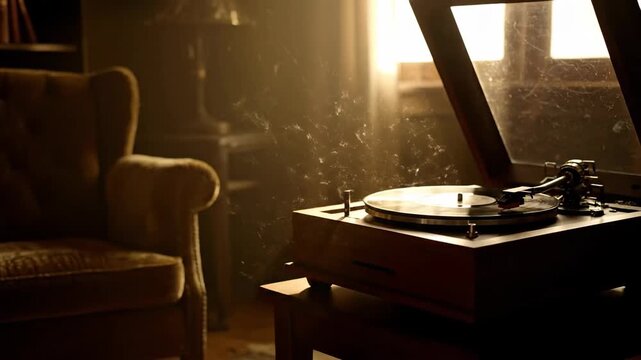 Retro record player with spinning vinyl record, music, vintage technology and warm light