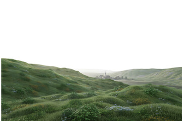 Rolling green hills with misty valleys and distant wind turbines isolated on transparent background