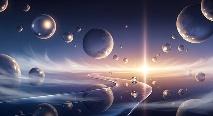 Concept art of a surreal universe with floating orbs, glowing mist, reflective winding trail leading to light, calm fantasy ambiance, smooth gradients, high-quality digital illustration