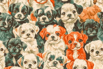 Hundreds of small puppies in a retro decoration texture, ideal for interior and packaging design.