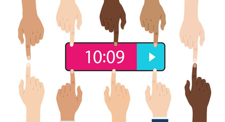 Fototapeta premium Global Video Engagement Concept: Diverse Hands Pointing to Multimedia Player Timeline. Social Media Content Viewership Illustration.