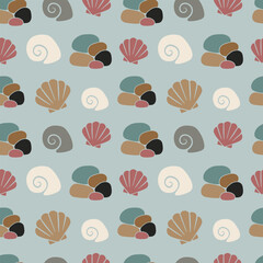 Seamless pattern with colorful sea shells, snails and pebbles on light blue background for summer textile