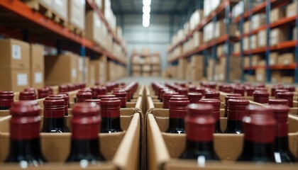 Naklejka premium Rows of wine bottles packed in cardboard boxes are stored in a large warehouse. Products are ready for shipment and delivery to consumers. Logistic and distribution center.