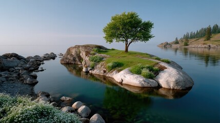 Obraz premium Serene Island Oasis: A tranquil scene unfolds as a solitary tree thrives on a rocky island, its vibrant greenery contrasting with the calm, reflective waters and the soft embrace of the morning sky.