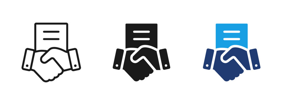 Business agreement icon with handshake and document. Symbol of contract signing, partnership, deal approval, negotiation, cooperation and legal business transaction in corporate context.