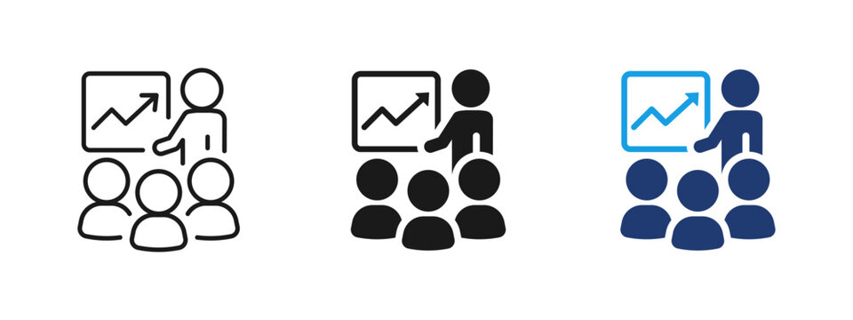Business presentation icon with speaker and audience in front of chart. Symbol of meeting, training, conference, team communication, corporate education, leadership and strategic growth discussion.