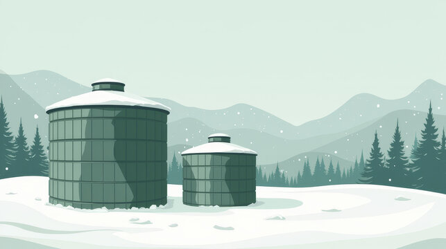 Flat illustration of insulated water storage containers in winter environment. Simple realistic shapes and muted green grey palette