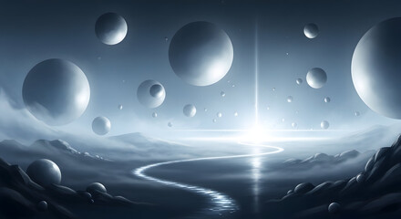 Concept art of a surreal universe with floating orbs, glowing mist, reflective winding trail leading to light, calm fantasy ambiance, smooth gradients, high-quality digital illustration