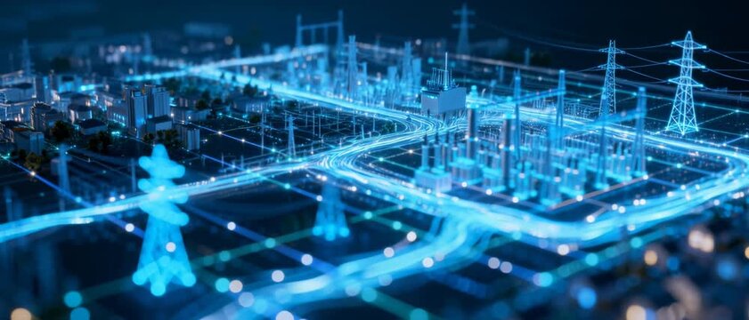 Futuristic Urban Energy Grid with Glowing Power Lines and Towers Connecting City Infrastructure and Industrial Zones