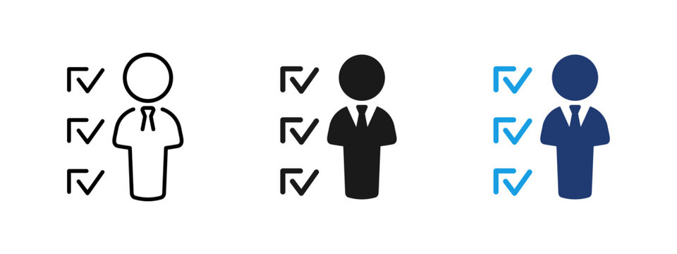 Approved candidate icon with check marks and person silhouette. Symbol of employee verification, recruitment selection, HR approval process, qualification assessment and hiring confirmation.