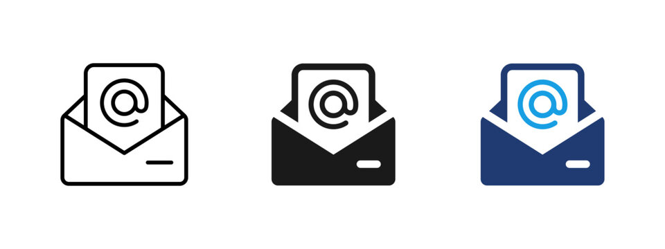 Email message icon with envelope and at symbol. Clean symbol of digital communication, inbox, online contact, newsletter delivery, business messaging and internet correspondence for web and apps.