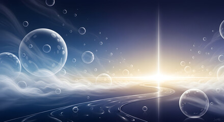 Concept art of a surreal universe with floating orbs, glowing mist, reflective winding trail leading to light, calm fantasy ambiance, smooth gradients, high-quality digital illustration