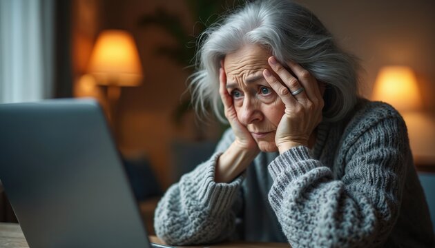 Elderly woman worries looking at laptop screen. She holds head in hands feeling stressed and confused. Concerned senior person has tech problems at home, showing mental anguish and deep sadness.