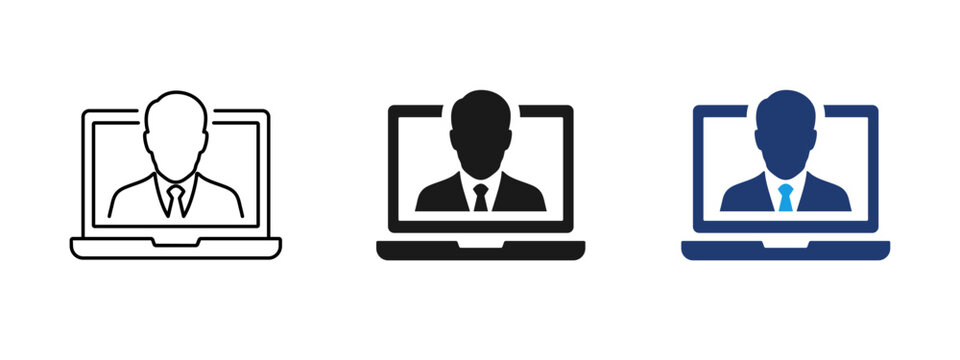 Remote work icon with person on laptop screen. Online meeting, video call, virtual communication, business conference, remote office, telework, freelance job and digital workplace concept.