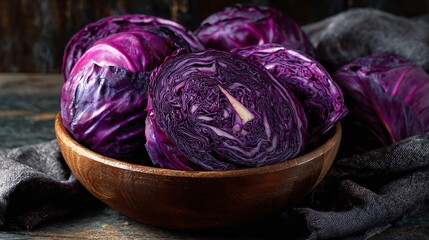 Fototapeta premium Red cabbage photographed for recipe cover image, centered bowl, copy space preserved