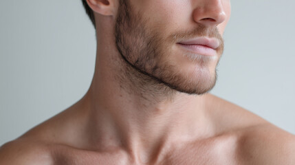 Naklejka premium Young man portrait showing subtle acne texture on jawline and clean skin with soft shadow and neutral background