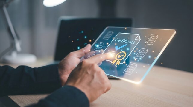 A person's hands are holding and interacting with a transparent digital tablet displaying a holographic certificate, suggesting advanced online learning and secure document verification.