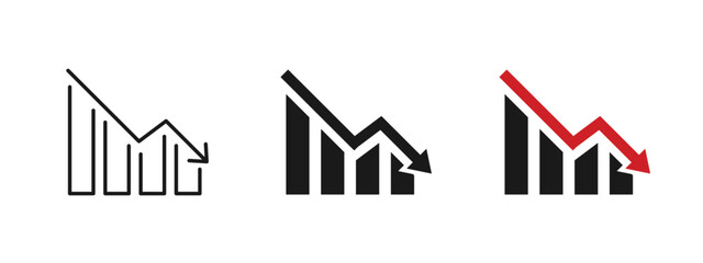 Fototapeta na wymiar Falling bar chart icon showing business decline and negative trend. Analytics and statistics illustration for finance reports, market loss, revenue decrease, risk assessment, performance analysis.