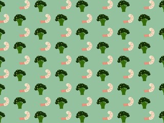 A food pattern featuring peeled shrimp and broccoli in shades of pink and green.