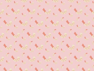 A food pattern featuring peeled shrimp and broccoli in shades of pink