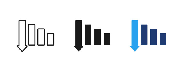 Obraz premium Falling bar chart icon showing business decline and negative trend. Analytics and statistics illustration for revenue decrease, financial loss, sales drop, market downturn and crisis reporting.