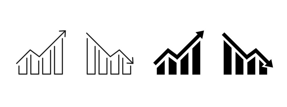 Business analytics icon set with bar charts showing growth and decline trends. Upward and downward arrows for financial performance, statistics, revenue increase or loss for reports and dashboards.