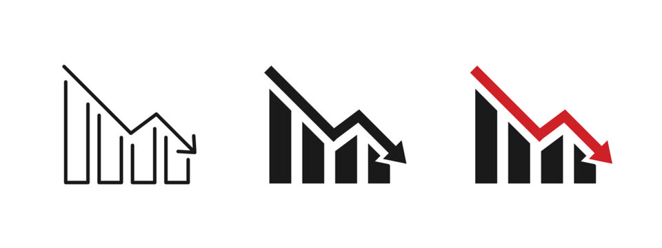Falling bar chart icon showing business decline and negative trend. Analytics and statistics illustration for finance reports, market loss, revenue decrease, risk assessment, performance analysis.