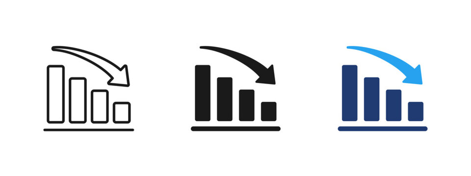 Falling bar chart icon showing business decline and negative trend. Analytics and statistics illustration for financial loss, revenue decrease, market downturn, recession and performance analysis.
