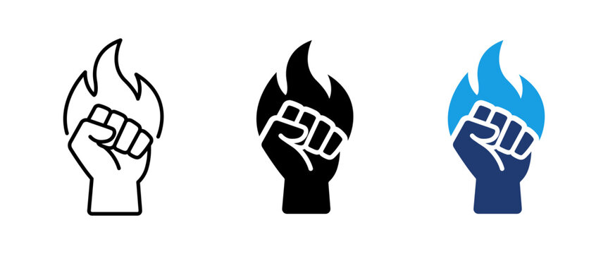Empowerment and strength icon with raised fist and flame. Symbol of power, motivation and inner energy. Leadership concepts, personal growth, confidence themes and inspirational business projects.