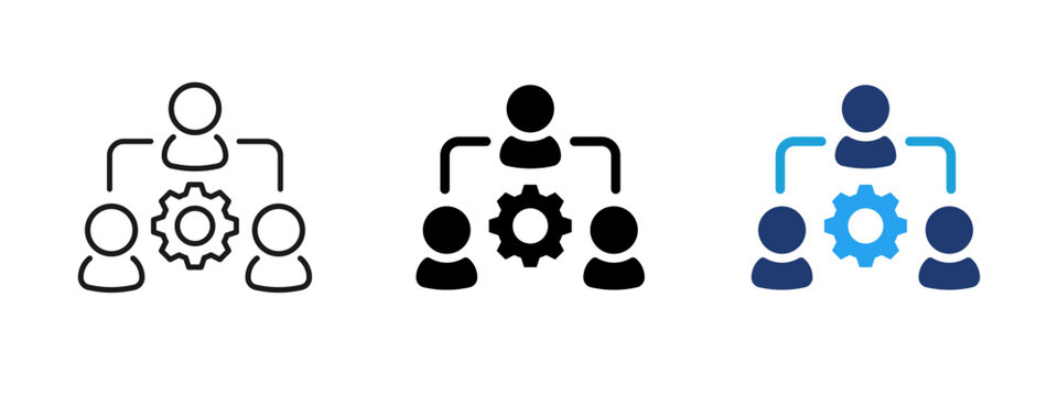 Team management and workflow icon with people connected to a central gear. Symbol of coordination, collaboration and organized work. Ideal for business processes and team structure.