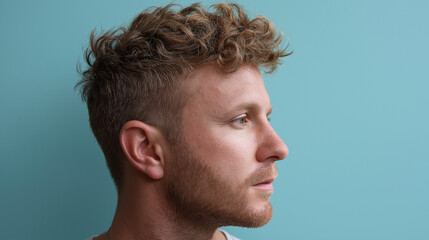 Fototapeta premium Male profile portrait with detailed skin texture, visible pores and moisture sheen against pastel blue background, thoughtful calm expression
