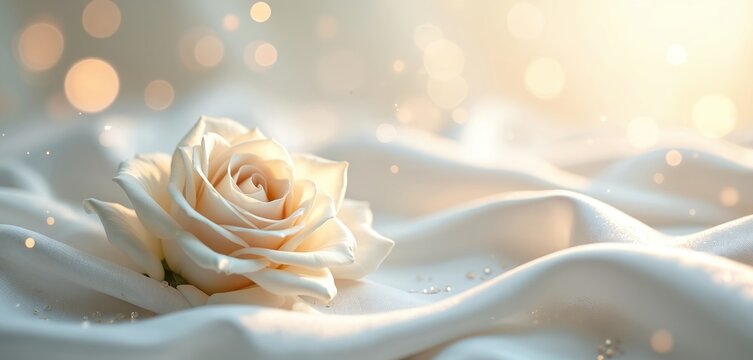Delicate cream rose rests on flowing white satin fabric. Soft bokeh lights shimmer in background. Gentle texture evokes luxury, romance, and elegance for invitations or cards.