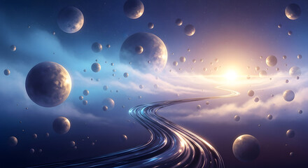 Concept art of a surreal universe with floating orbs, glowing mist, reflective winding trail leading to light, calm fantasy ambiance, smooth gradients, high-quality digital illustration