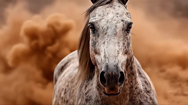 Close up of a stunning spotted horse with flowing mane amidst a cloud of swirling dust showcasing natural textures and warm earth tones