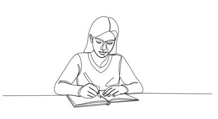 Focused woman writing in notebook, continuous line art illustration of student studying or journaling