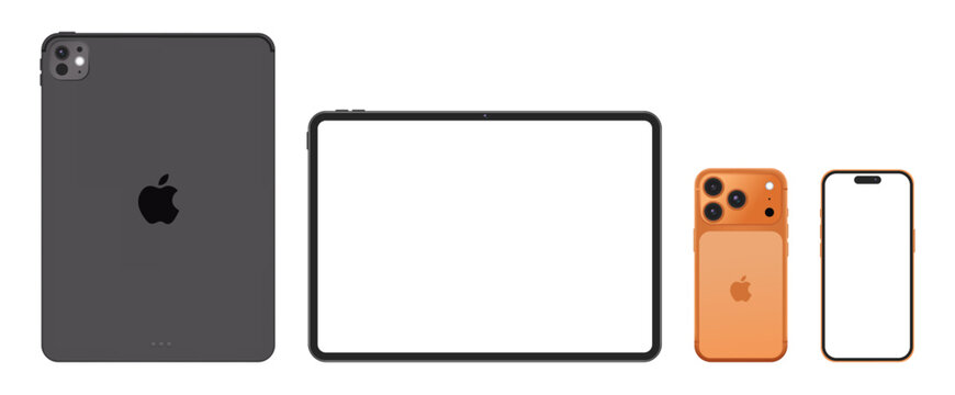 Apple iPhone 17 Pro and iPad Pro mockup vector set front and back view blank screen, isolated mobile and tablet device template for UI UX app and device design illustration