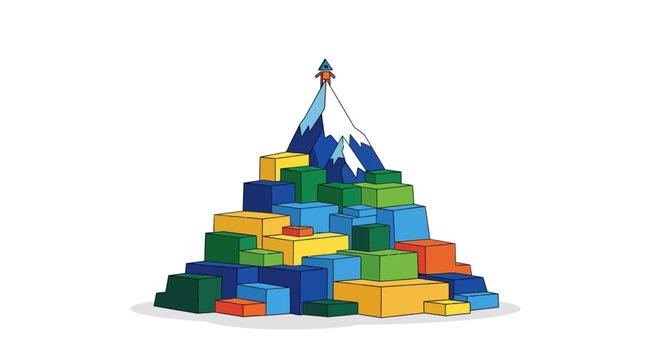 Business Success and Achievement Concept. Abstract Vector Illustration of Figure Reaching Mountain Peak Built from Colorful Geometric Blocks.