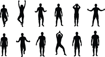 Black silhouettes of people in various poses on white background