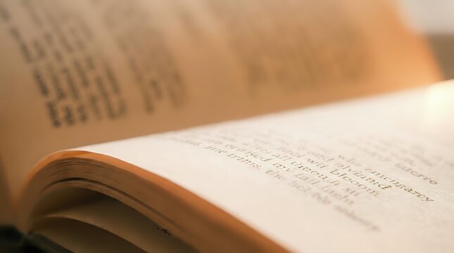 Open book with pages displaying text in warm golden lighting creating educational study atmosphere for academic research and learning.