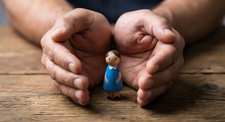Protective hands cupping small wooden figure representing care, security and human protection concepts for insurance and safety themes.