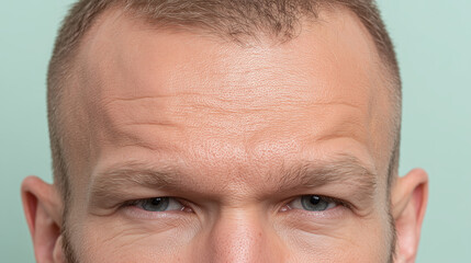 Obraz premium Close up of male forehead and eyes with soft matte skin texture and pastel mint background conveying calm, contemplative expression