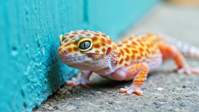 Leopard gecko leaning on turquoise wall.