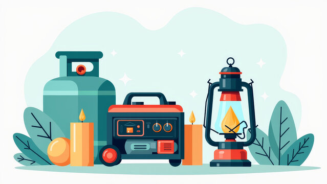 Storm supplies flat vector illustration for home power outage preparedness: generator, propane tank, candles and lantern